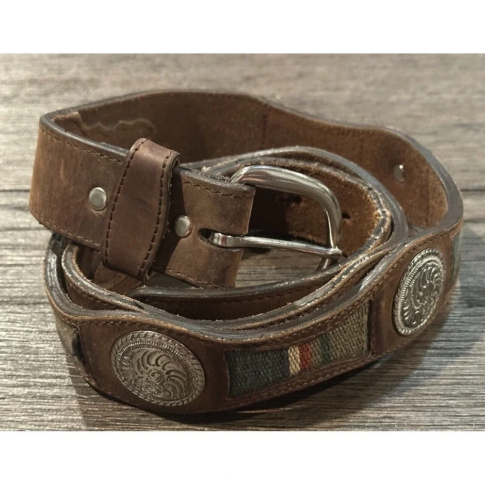 3D DDD Men's Brown Blanket Inlay Western leather Belt Sz 44 Aztec silver accents